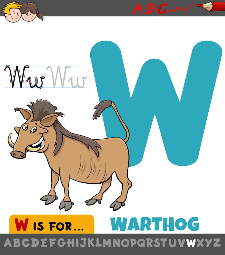 Vector hoja de trabajo educativo de la letra w con animal jabalí