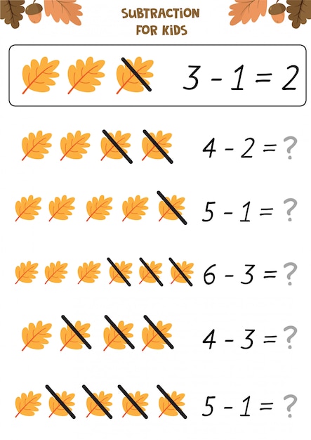 Hoja de trabajo educativo para niños en edad preescolar. resta para niños. conjunto de otoño