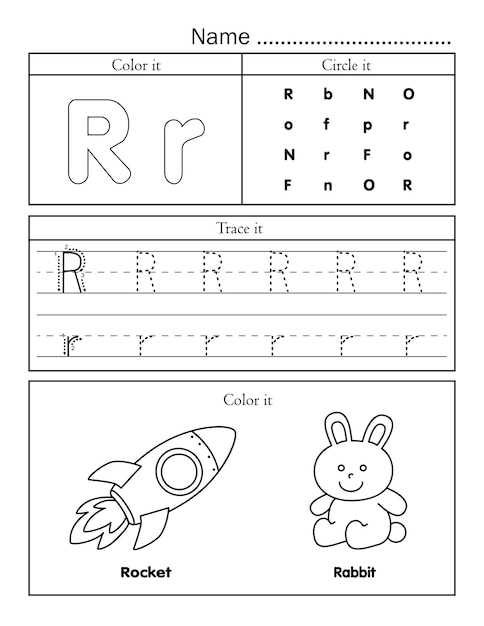Hoja de trabajo imprimible de línea de rastreo de letras del alfabeto inglés con una linda imagen para colorear