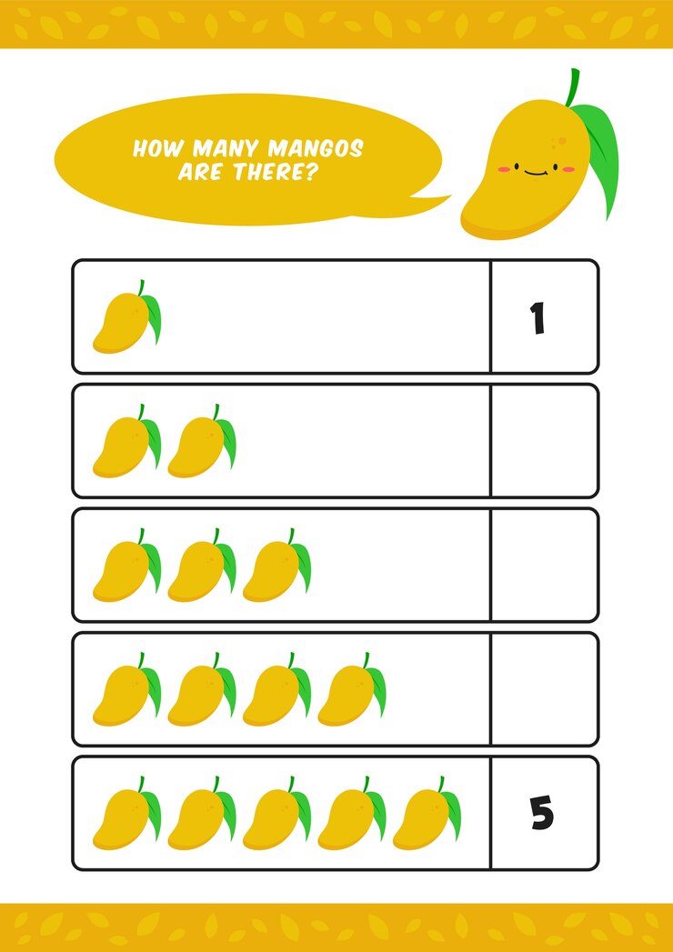 Vector hoja de trabajo de jardín de infantes para niños para contar la plantilla de aprendizaje con una linda ilustración de fruta de mango buena para la educación en el hogar