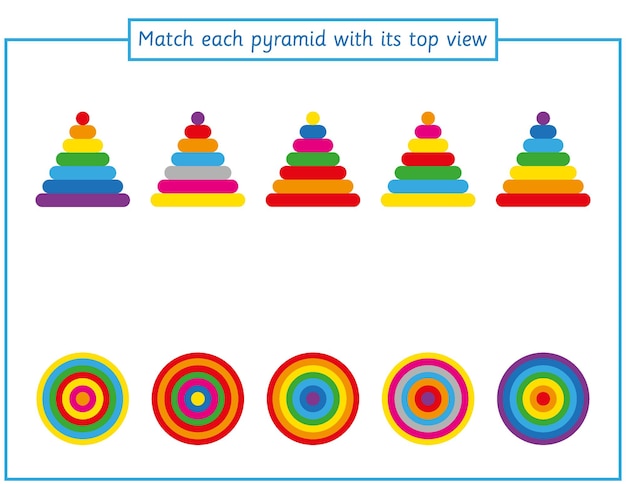 Vector hoja de trabajo de juego a juego para niños, encuentre la vista superior, pirámides, actividad de percepción visual, escuela