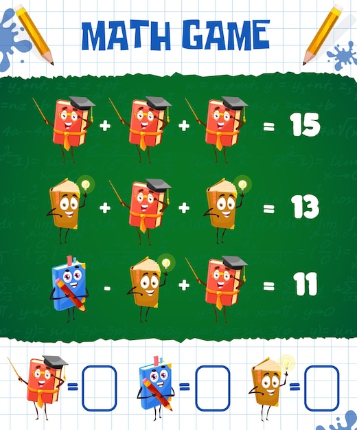 Hoja de trabajo de juego de matemáticas con libros de texto y libros escolares de dibujos animados, laberinto de educación vectorial. Rompecabezas matemático para niños con suma y resta de números matemáticos, prueba de aprendizaje de lógica y acertijo