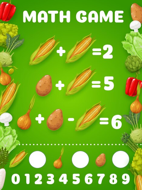 Hoja de trabajo del juego de matemáticas de verduras crudas de dibujos animados