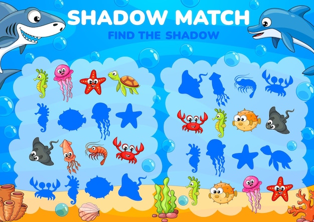 Hoja de trabajo del juego Shadow Match animales submarinos