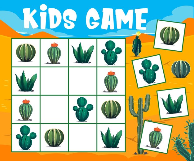 Vector hoja de trabajo del juego sudoku para niños con cactus mexicanos