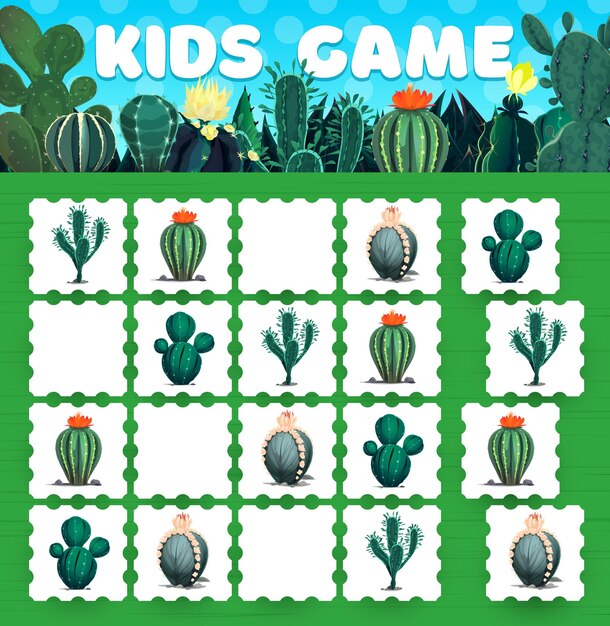 Hoja de trabajo del juego de sudoku para niños de cactus y suculentas