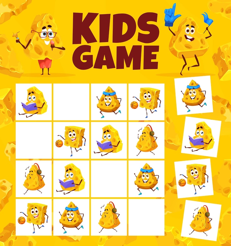 Vector hoja de trabajo del juego sudoku personajes de queso de dibujos animados