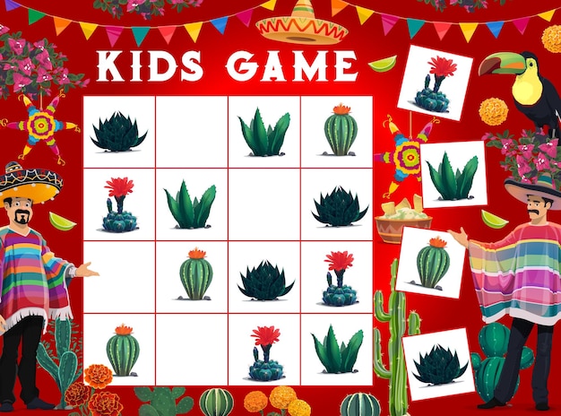 Vector hoja de trabajo del juego sudoku sombrero de cactus mexicanos