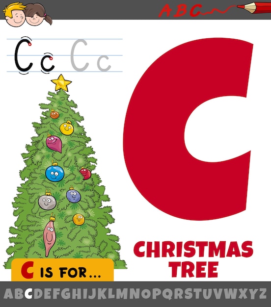 Hoja de trabajo de la letra c con árbol de navidad de dibujos animados