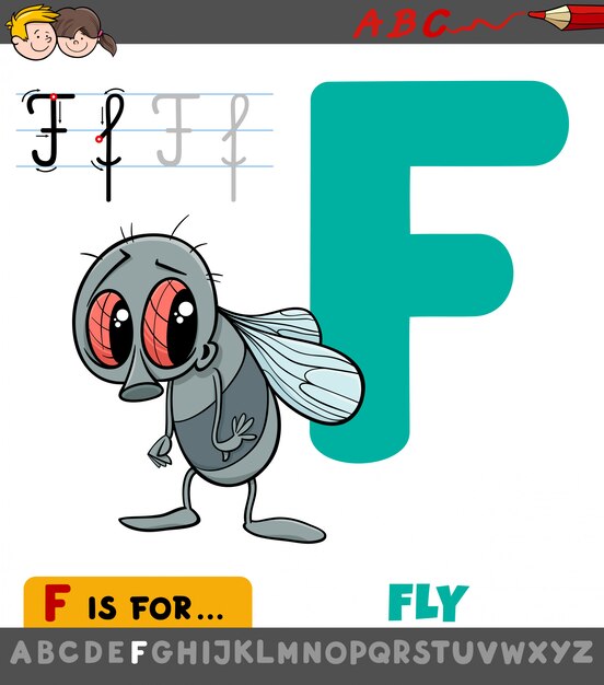 Hoja de trabajo de la letra F con mosca de dibujos animados
