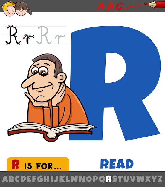 Hoja de trabajo de la letra R de dibujos animados con palabra de lectura