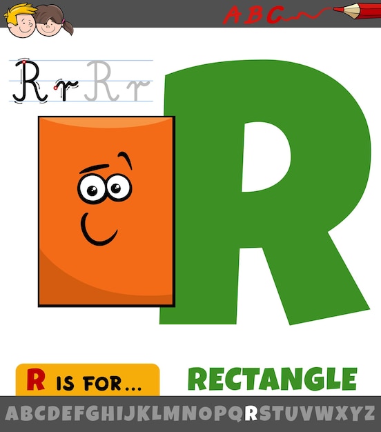 Hoja de trabajo de la letra R con forma geométrica de rectángulo de dibujos animados