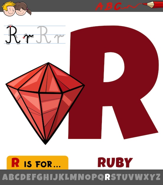 Hoja de trabajo de la letra R con gema de rubí de dibujos animados