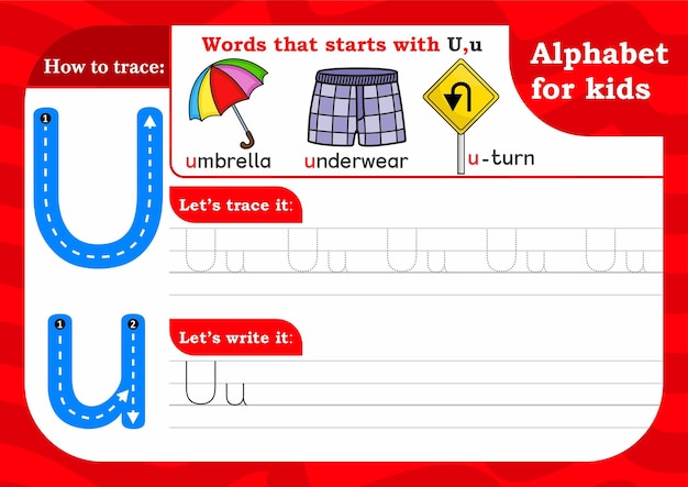 Vector hoja de trabajo letra u práctica de rastreo del alfabeto letra u letra u calco en mayúsculas y minúsculas