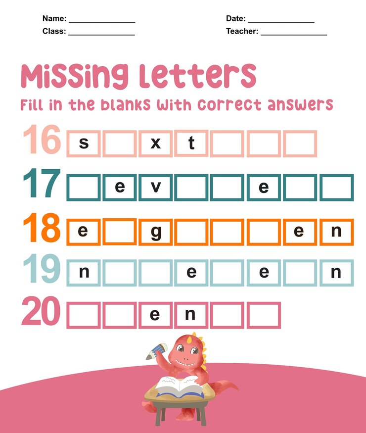 Vector hoja de trabajo de letras faltantes complete las letras para el número en inglés juego educativo para niños