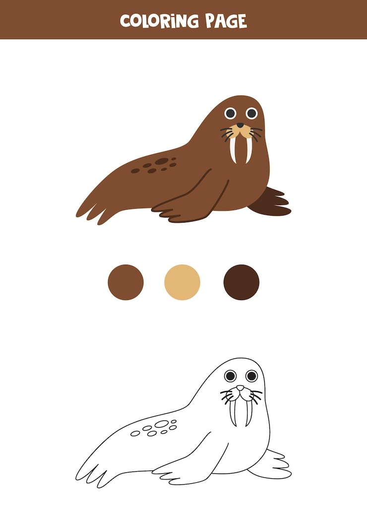 Vector hoja de trabajo de morsa de dibujos animados lindo de color para niños