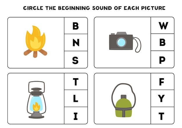 Hoja de trabajo para niños encuentra el sonido inicial de los elementos de camping