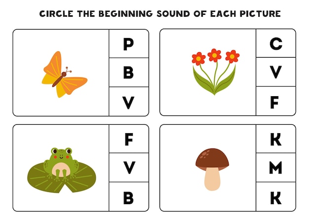 Vector hoja de trabajo para niños encuentra el sonido inicial de lindos elementos del bosque