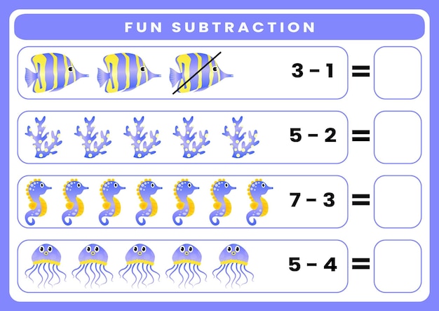 hoja de trabajo para niños, resta divertida contando y eliminando lindos dibujos animados de animales marinos
