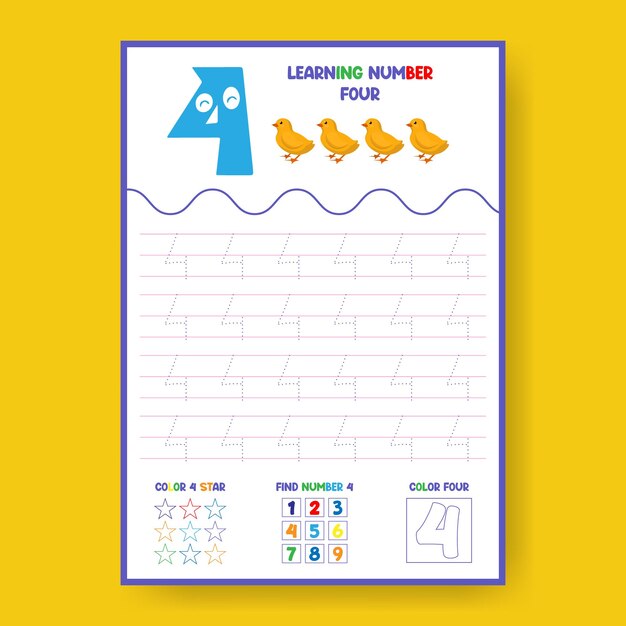 Hoja de trabajo número cuatro para niños que practican contar y escribir a mano