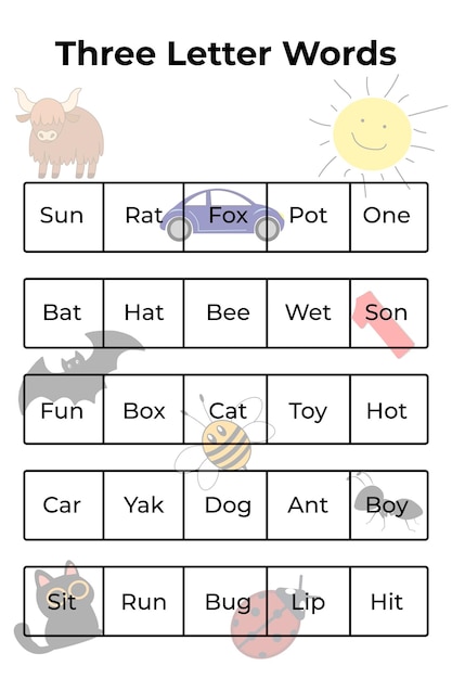 Hoja de trabajo de palabras de tres letras