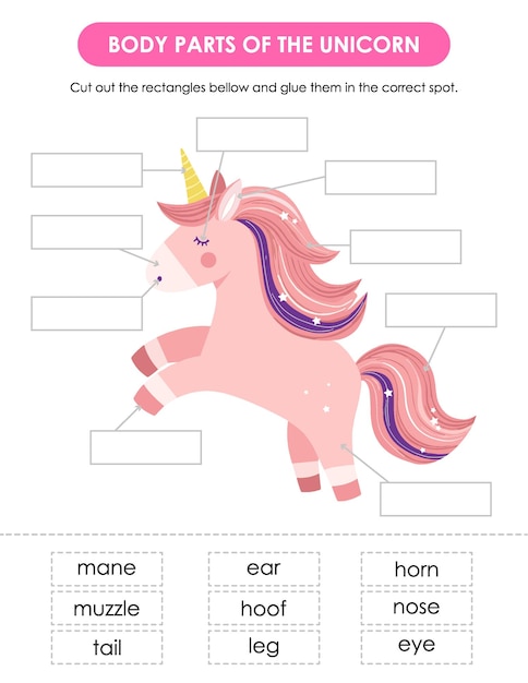 Hoja de trabajo de partes del cuerpo de unicornio Actividad de cortar y pegar para niños Juego educativo para preescolar