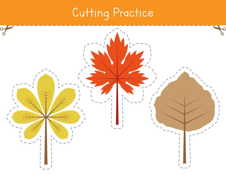Vector hoja de trabajo de práctica de corte para niños hojas de otoño juego educativo de habilidades motoras finas