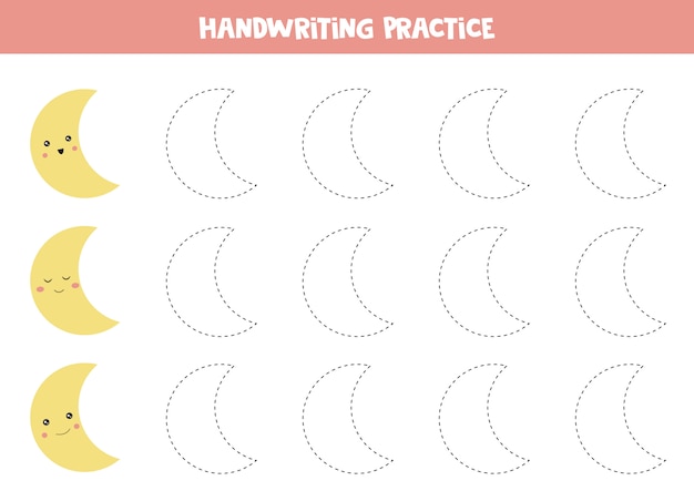 Hoja de trabajo de práctica de escritura educativa con luna para niños en edad preescolar.
