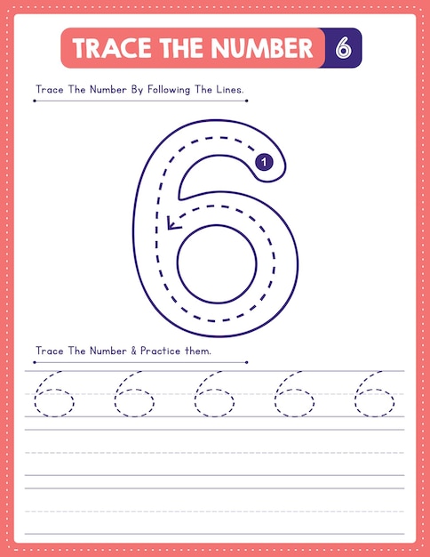 Hoja de trabajo de práctica de escritura a mano de rastreo de números en inglés con dirección de flecha número 6