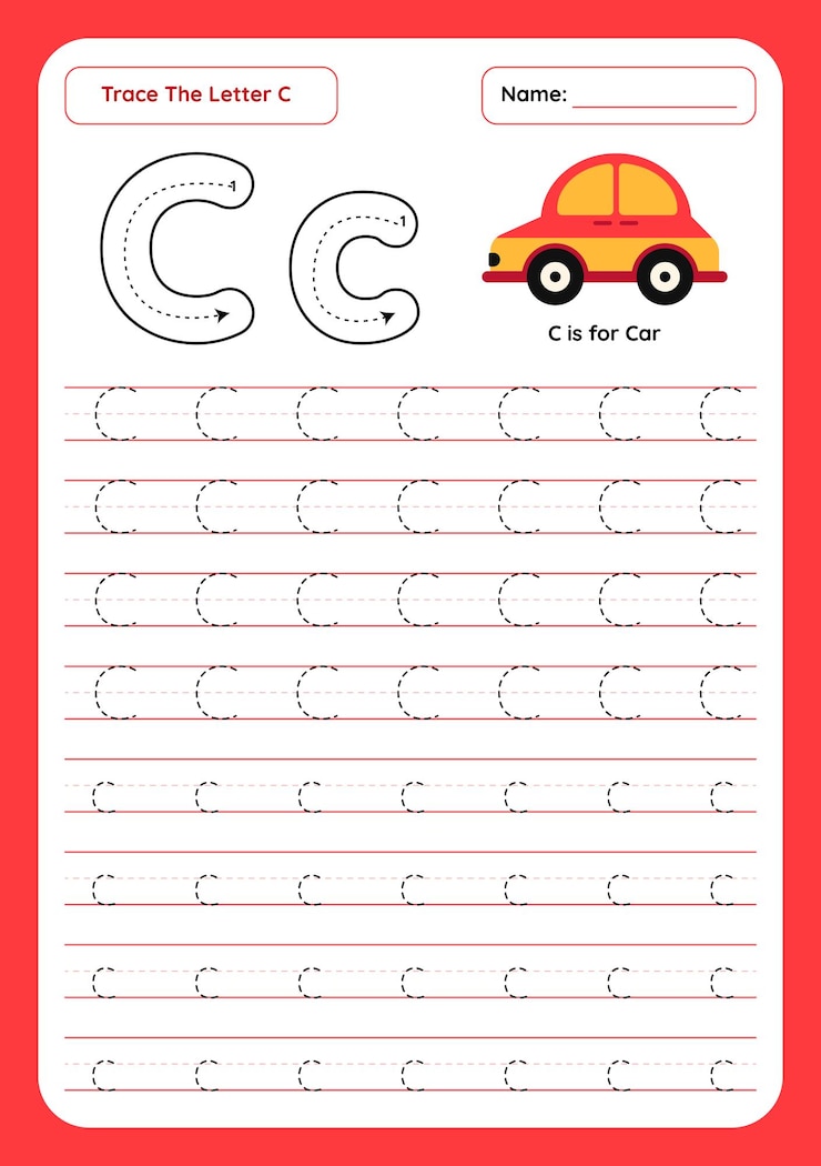 Vector hoja de trabajo de práctica de escritura de trazado de letras c
