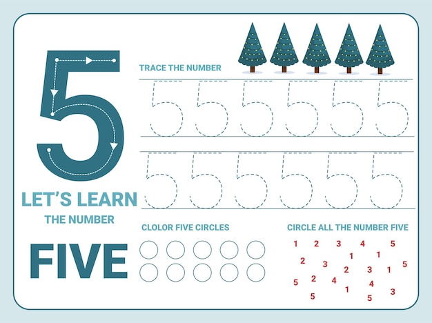 Hoja de trabajo de práctica de rastreo número cinco con 5 árboles de navidad para que los niños aprendan a contar y escribir. hoja de trabajo para aprender números.