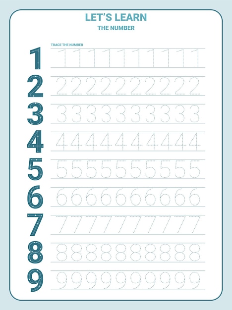 Hoja de trabajo de práctica de rastreo de números con todos los números para que los niños aprendan a contar y escribir.