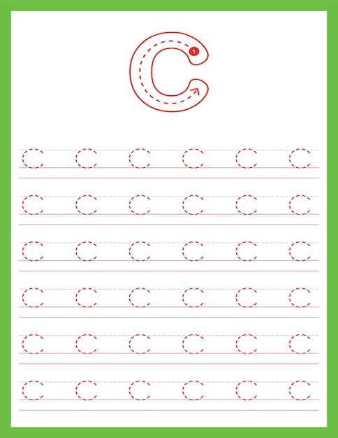 Hoja de trabajo de práctica de seguimiento del alfabeto de letras mayúsculas de escritura cursiva con dirección de flecha C