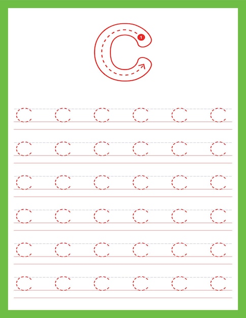 Vector hoja de trabajo de práctica de seguimiento del alfabeto de letras mayúsculas de escritura cursiva con dirección de flecha c