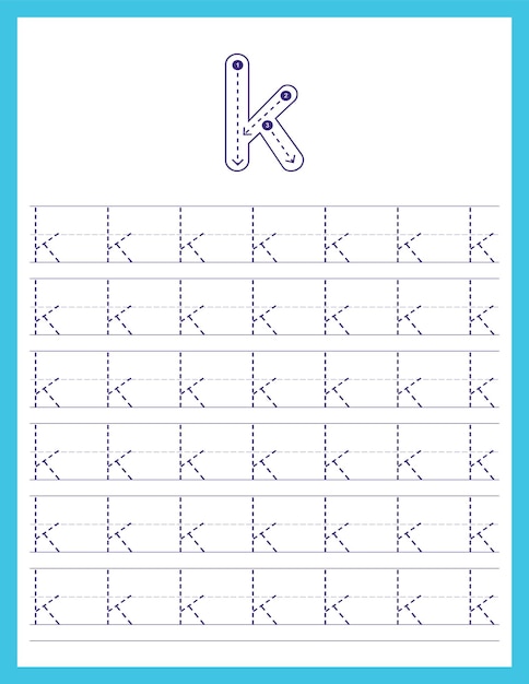 Hoja de trabajo de práctica de seguimiento del alfabeto de letras mayúsculas de escritura cursiva con dirección de flecha k