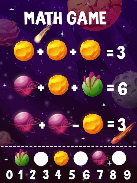 Hoja de trabajo de prueba de matemáticas con planeta espacial de dibujos animados