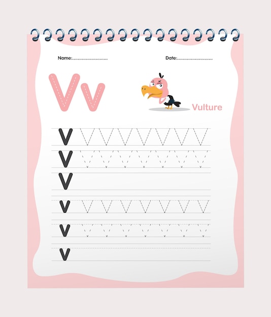 Hoja de trabajo de rastreo del alfabeto V vectorial libre con ilustraciones