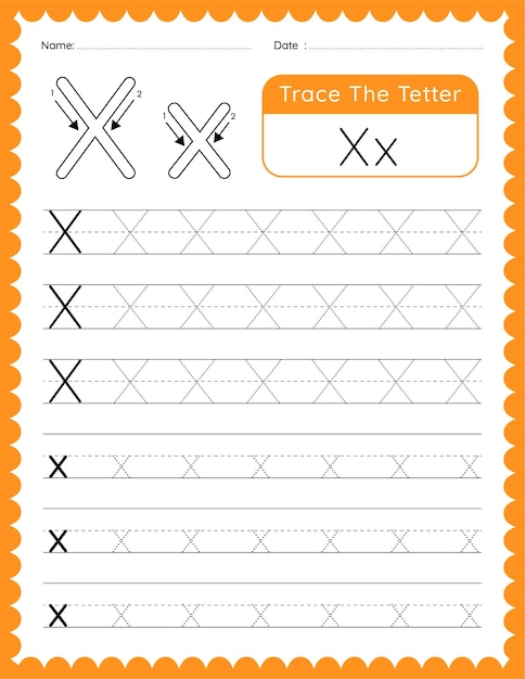Hoja de trabajo de rastreo de la letra 'x' del alfabeto vectorial para niños