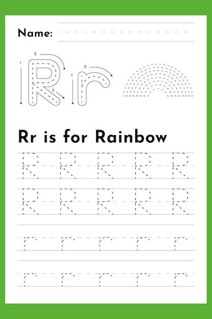 Hoja de trabajo de seguimiento del alfabeto educativo preescolar letra r con arco iris