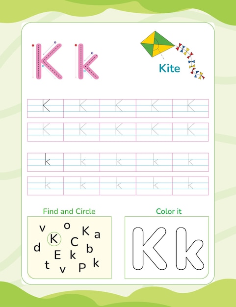 Hoja de trabajo de seguimiento del alfabeto K con letras y vocabulario