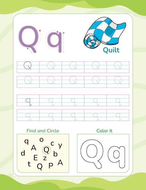 Hoja de trabajo de seguimiento del alfabeto Q con letras y vocabulario