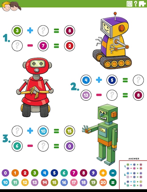 Hoja de trabajo de suma y resta con robots de dibujos animados