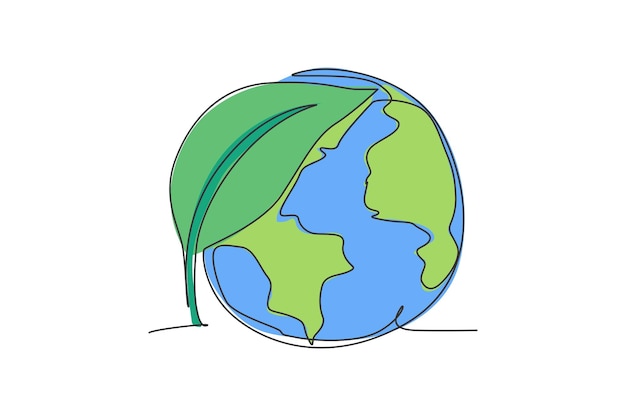 Hoja verde en el globo terráqueo Dibujo continuo de una línea naturaleza hoja minimalista ilustración vectorial