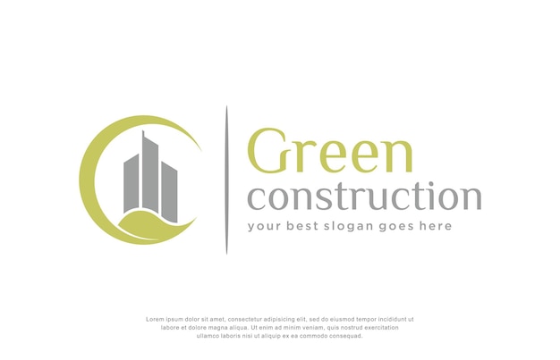 hoja verde con vector de plantilla de logotipo de construcción de edificios