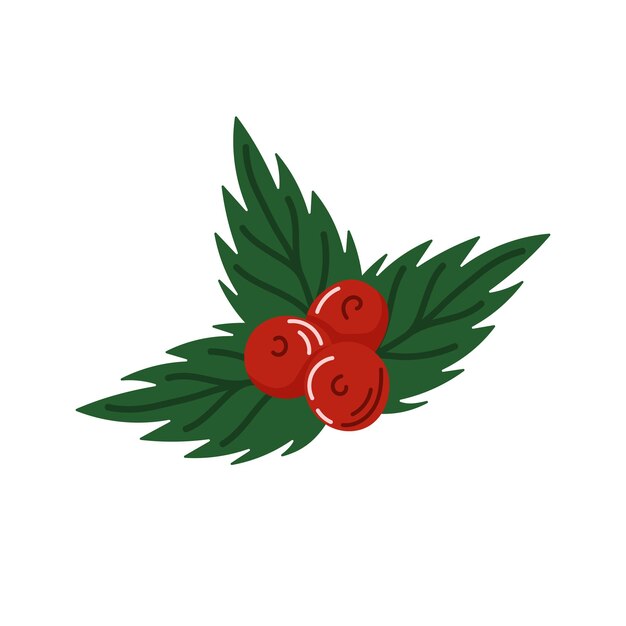 Hojas de abeto verde con tres bayas rojas en diseño de estilo plano para vacaciones y navidad festiva