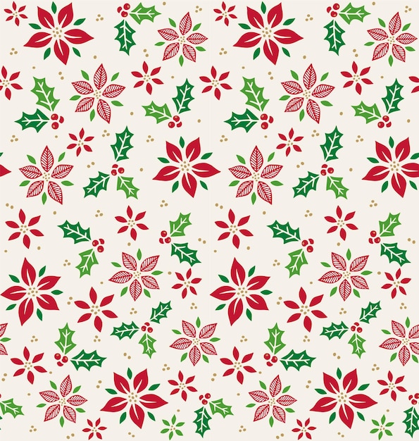 Hojas de acebo de Navidad sin costuras y Poinsettia