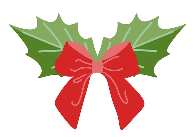 Hojas de acebo de Navidad con decoración de invierno de lazo rojo en estilo de dibujos animados aislado sobre fondo blanco Ilustración vectorial plana para diseño de postal Plantilla colorida Elemento de temporada navideña