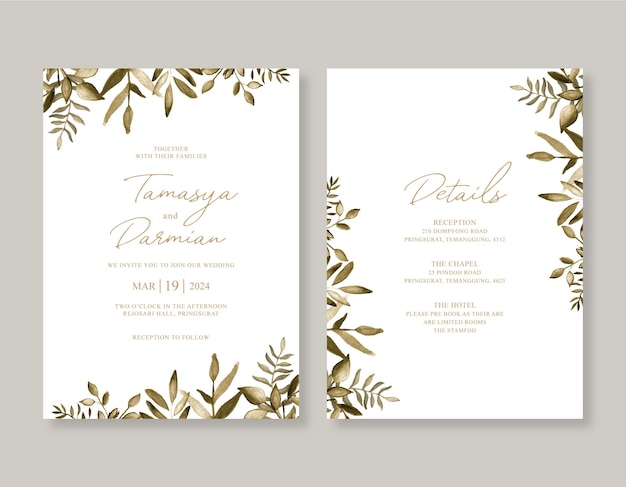 Vector hojas de acuarela para plantilla de invitación de boda