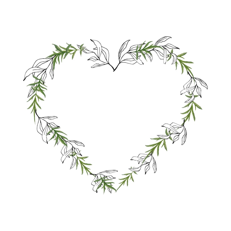 Vector hojas de acuarela verde y ramas de arte de línea marco de corazones corona de flores marco de botánica dibujado a mano