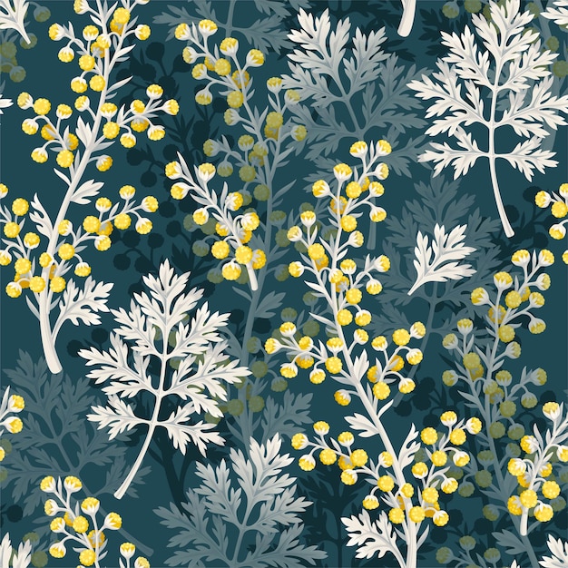 Hojas de ajenjo y flores de alto patrón transparente de vector detallado sobre fondo verde oscuro